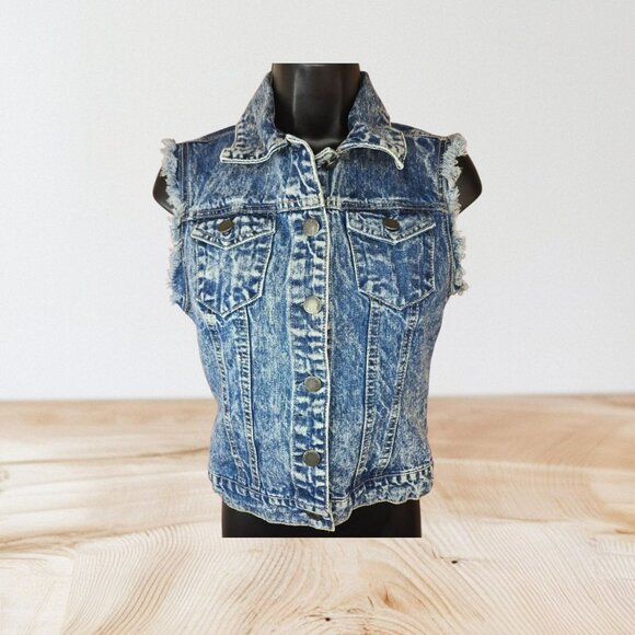 Life In Progress Jean Vest Jacket XS Acid Wash Sleeveless Frayed Edge - Picture 1 of 8